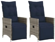 365670 vidaXL Градински столове с регулируема облегалка, 2 бр., с възглавници, сиви, полиратан