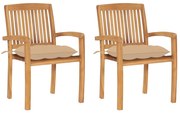 3063270 vidaXL Градински столове, 2 бр, бежови възглавници, тиково дърво масив