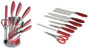 Комплект ножове с поставка ZILNER ZL 5121, 8 части, Точило, Ножици, Неръждаема стомана, Червен