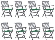 3078282 vidaXL Сгъваеми градински столове, 8 бр, с възглавници, акация масив