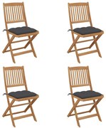 3064686 vidaXL Сгъваеми градински столове, 4 бр, възглавници, акация масив