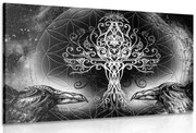 Картина на платно – Гарвани и дървото на живота в черно-бял вариант