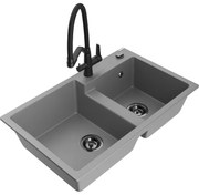 Mexen Tomas гранитна мивка с две корита с кухненски смесител Duo, сив - 6516-71-671701-70-B