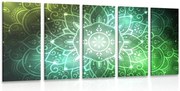 картини от 5 части – Мандала с галактичен фон в зелени нюанси