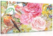 Картина на платно – Винтидж птичка с цветя