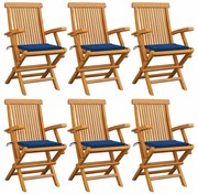 3062551 vidaXL Градински столове с кралско сини възглавници 6 бр тик масив