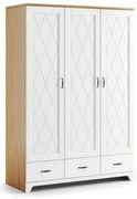 Шкаф ПРОВЕНЗА SZD3SZ3 Каменен дъб/Бял мат - ГАРДЕРОБ С 3 ВРАТИ С ЧЕКМЕДЖЕТА, РАФТОВЕ И РЕЛСА ЗА ЗАКАЧАЛКИ РЕТРО