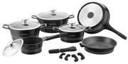 Комплект тенджери и тигани Royalty Line RL-ES1014M Black, Лят алуминий, 14 части, Мраморно покритие, Черен
