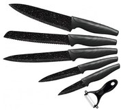 Комплект кухненски ножове 5 бр. + белачка, мрамор/черен