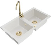 Mexen Mario гранитна кухненска мивка с 2 камери с батерия Telma, бяла