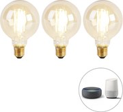 Комплект от 3 интелигентни LED крушки E27 Dim to Warm G95 Goldline 7W 806lm 1800K - 3000K
