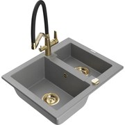 Mexen Carlos гранитна мивка 1,5-коморна с кухненски смесител Duo, сив - 6518-71-671701-57-G