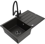 Mexen Bruno еднокоморна мивка от гранит с отцедник и кухненски смесител Duo, черен/златист металик - 6513-75-671701-70-B