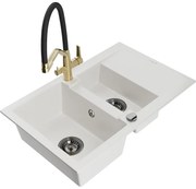 Mexen Gaspar кухненска мивка от гранит с 1,5 камери и отцедник с кухненски кран Duo, бял - 6507-20-671701-57-B