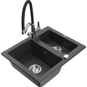 Mexen Carlos гранитна кухненска мивка с 1,5 камери и кухненски смесител Duo, черна на капки - 6518-76-671701-07