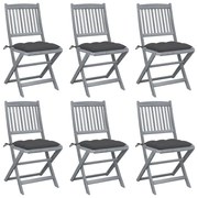 3065449 vidaXL Сгъваеми градински столове, 6 бр, с възглавници, акация масив