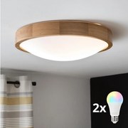 Brilagi-LED RGBW димируема плафонна лампа CARVALHO SLIM 2×E27/15W/230V Wi‑Fi, дъб, Ø 37 см