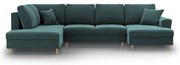 Кадифен разтегателен ъглов диван с място за съхранение в петролен цвят (ляв ъгъл/U форма) Kyoto – Cosmopolitan Design