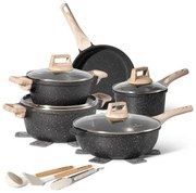 Комплект тенджери и тигани Just Perfecto JL-778, 14 ч, Отливка, Мраморно покритие, Индукция, Аксесоари, Черен