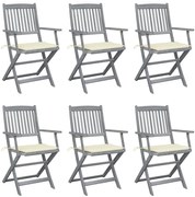 3065409 vidaXL Сгъваеми градински столове, 6 бр, с възглавници, акация масив