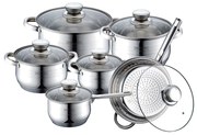 Комплект тенджери и тиган Royalty Line RL-1231, 12 части, Неръждаема стомана, Многослойно дъно, Индукция