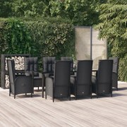 3185194 vidaXL Градински трапезен комплект възглавници 9 части черен полиратан
