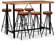 275135 vidaXL Бар комплект, 7 части, акация масив, естествена кожа и канава