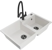 Mexen Tomas кухненска мивка от гранит с две корита и кухненски смесител Duo, бял - 6516-20-671701-70-B