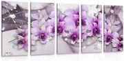 картини от 5 части – Лилави цветя на абстрактен фон