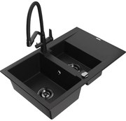 Mexen Gaspar гранитна мивка 1,5-камерна с отцедник и кухненски смесител Duo, черен - 6507-77-671701-70-B