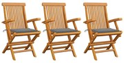 3062515 vidaXL Градински столове със сиви възглавници 3 бр тиково дърво масив