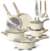 Комплект тенджери и тигани Just Perfecto JL-788, 15 ч, Отливка, Мраморно покритие, Индукция, Аксесоари, Бежов