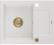 Mexen Enzo гранитна мивка 1-компартмент с плот за отцеждане 576 x 465 mm, бял, златен сифон - 6506571005-20-G