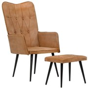 339668 vidaXL Wingback стол с табуретка, кафяв, канава