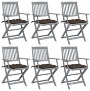 3065430 vidaXL Сгъваеми градински столове, 6 бр, с възглавници, акация масив
