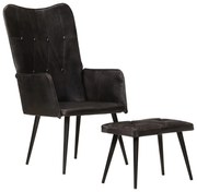 339666 vidaXL Wingback стол с табуретка, черен, естествена кожа