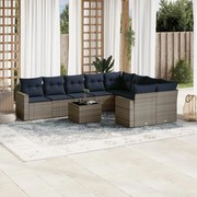 3219441 vidaXL Градински диван с възглавници, 10 части, полиратан, сив