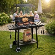 Градинска скара на дървени въглища с шиш, горна решетка и рафтове