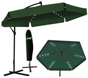 Зелен градински чадър със стойка и LED осветление