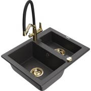 Mexen Carlos кухненска гранитна мивка с 1,5 камери и кухненски смесител Duo, черен напръскан - 6518-76-671701-57-G