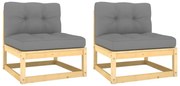 805735 vidaXL Градински средни дивани със сиви възглавници, 2 бр, бор масив