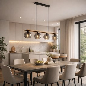 Модерен висящ лампион черен с дърво и димно стъкло 4 светлини - Aleks