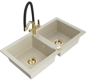Мексен Марио гранитен мивка 2-коморна с кухненски кран Дуо, бежов - 6504-69-671701-57-G