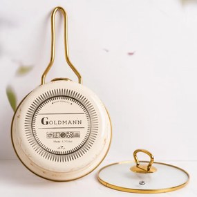 Касерола със стъклен капак Goldmann GM 4521-16B, 16x8 см, 1.5л, Емайл, Индукция, Бял/Старо Злато