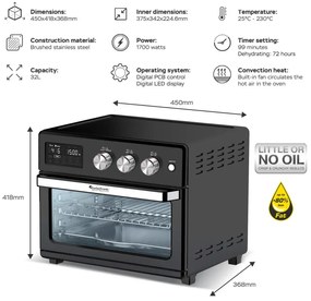 Фритюрник-фурна без мазнина TurboTronic TT-AF32DRD, 1700 W, 32 л, 25-230C, 12 програми, Грил, LED дисплей, Таймер, Аксесоари, Черен