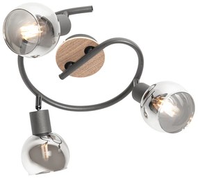 Таванна лампа черна 44,5 см с димно стъкло и дърво 3-светлина - Vidro