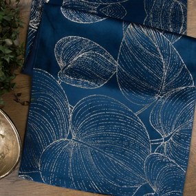 Кадифена централна покривка с принт на лъскави сини листа Широчина: 35 см | Дължина: 220 см