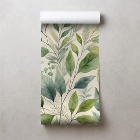 Тапет – Зелени акварелни листа на бежов фон