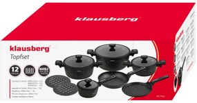 Комплект тенджери и тигани Klausberg KB 7966, 12 части, Отливка, Незалепващо мраморно покритие, Индукция, Черен