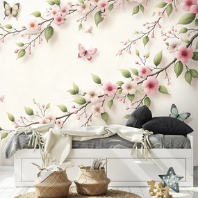 Фототапет – Нежни розови цветя и пеперуди